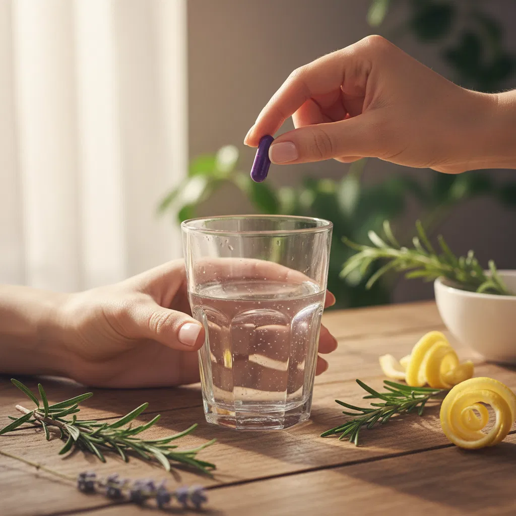 Handen met een glas water en een capsule, verse ingrediënten op tafel